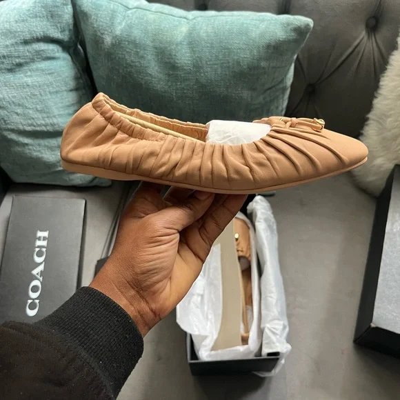 Coach Tan Flats with Ruched Leather and Bow Detail - Picture 3 of 8